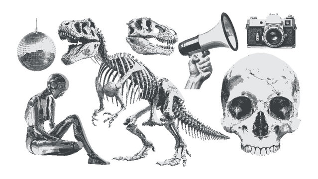 Surreal retro graphic kit. Dinosaur skeleton, skull, female robot, disco ball, camera, loudspeaker.  Monochrome halftone collage cut out element in a pop art style. Contemporary dotted