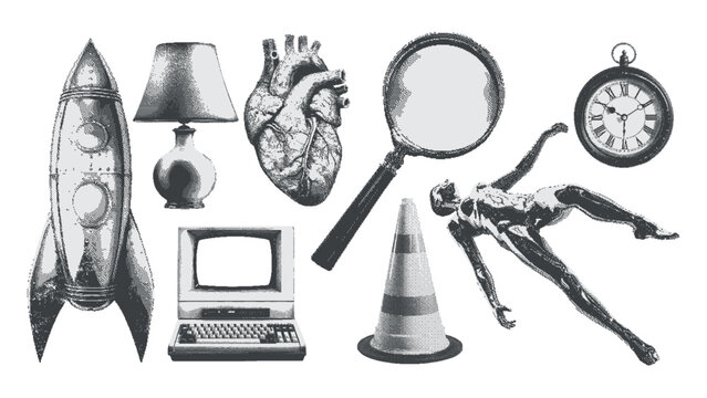 Surreal retro graphic kit. Rocket, computer, lamp, robot, magnifying glass, heart, pocket watch, traffic cone. Monochrome dotted halftone collage cut out element in a pop art style. 