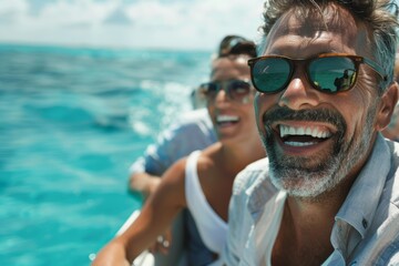 A man enjoys a serene boat ride on clear turquoise waters, epitomizing moments of relaxation, freedom, and the joy of being out in nature with friends.