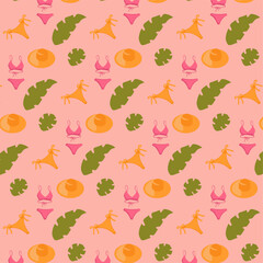 Seamless pattern with pink and yellow bikini, green leaves, orange hats on pink background for wallpapers, packaging, wrapping, note