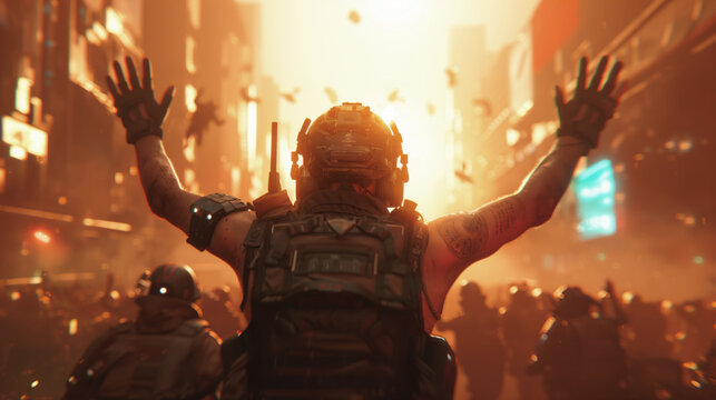 A futuristic soldier with his hands raised in the air, surrounded by riot police and a crowd of people on a city street with orange light