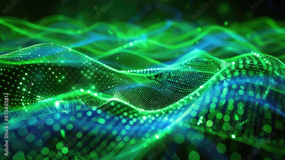 Poster a futuristic display of green and blue light waves intertwined, creating a visual metaphor for netwo