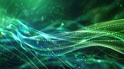 A futuristic display of green and blue light waves intertwined, creating a visual metaphor for network technology and connectivity.