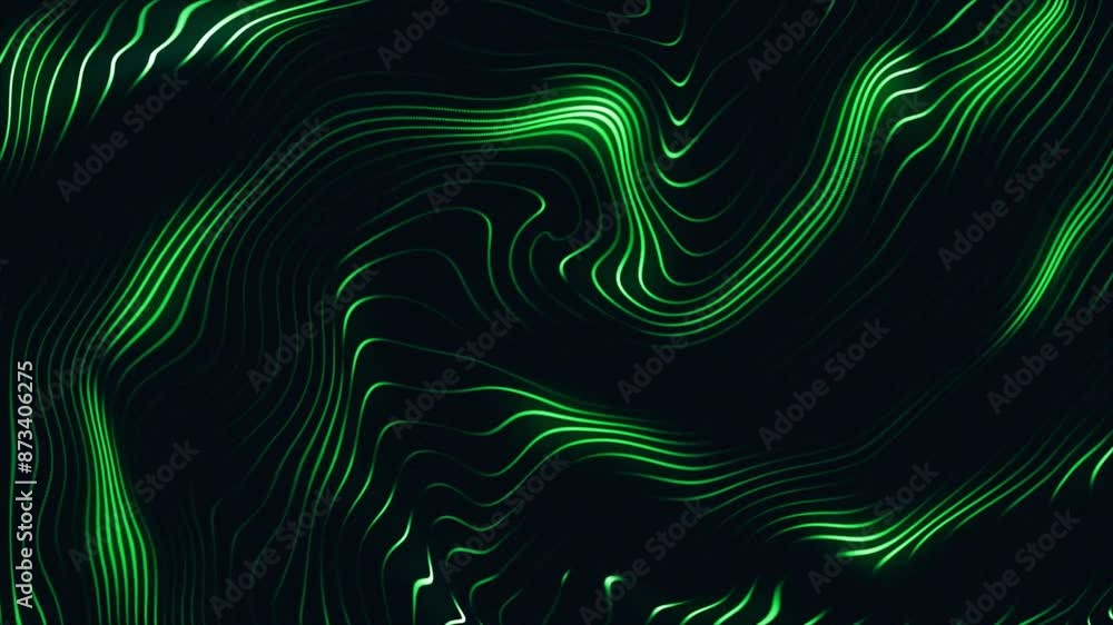 Poster black and green abstract wavy glowing lines pattern, copy space background animation.