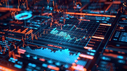 Obraz premium A futuristic hologram of a stock market interface with crypto trading data highlighted, symbolizing the digitalization of finance.