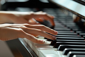 Obraz premium Pianist hands playing on piano keyboard