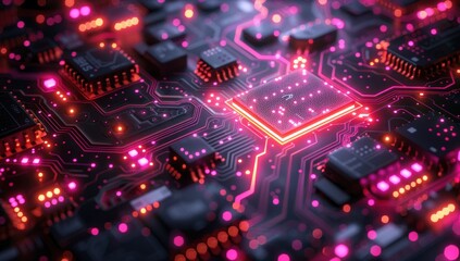 Obraz premium Close-Up of a Circuit Board with Glowing Components