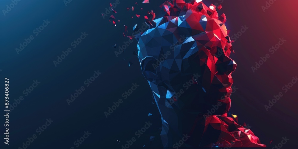 Poster a man's face is shown in a blue and red background. the face is made up of many small pieces, giving