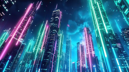Obraz premium A futuristic skyline with towering skyscrapers emitting pulsating neon lights in shades of blue, pink, and green, under a dark cybernetic sky.