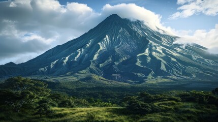 Naklejka premium Majestic Volcano Landscape. Snow-Capped Peak, Lush Green Valley, and Dramatic Cloudscape