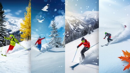 Four skiers in colorful gear enjoy the snowy mountain slopes during a sunny winter day