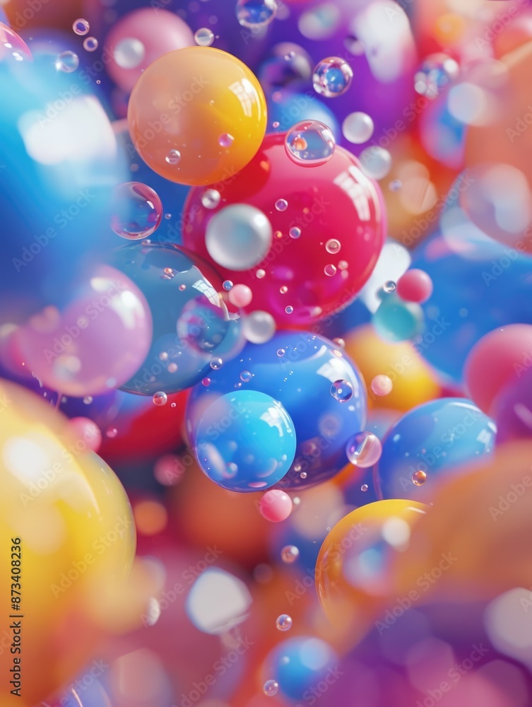 Poster a colorful image of many different colored spheres. the spheres are of various sizes and colors, and
