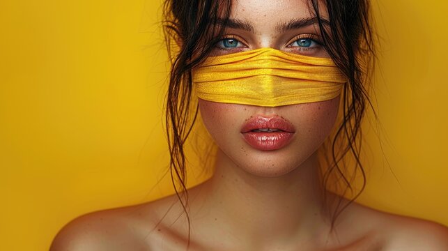 Portrait of a young woman with a blindfold on a yellow background with copy space - Powered by Adobe