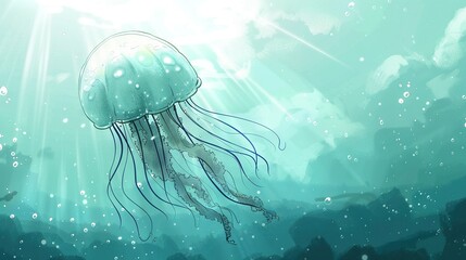   A jellyfish drifts in water as sunbeams illuminate behind it and clouds appear overhead