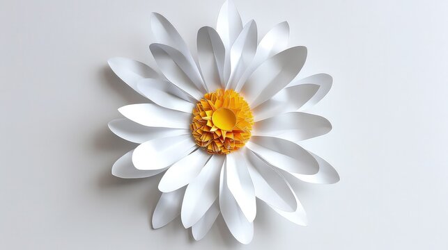 A 3D papercraft daisy, with white petals and a bright yellow center, made from paper, presenting a cheerful appearance on a white background. 