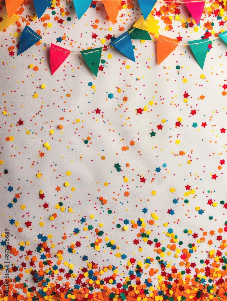 Poster a colorful background with a bunch of flags and stars. the background is decorated with confetti and