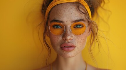 Portrait of a young woman with a blindfold on a yellow background with copy space