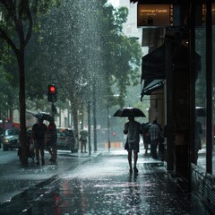 Obraz premium People with umbrellas on a rainy street with reflections