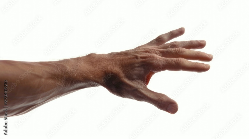 Poster a hand is shown with a white background. the hand is extended and he is reaching out. concept of ope