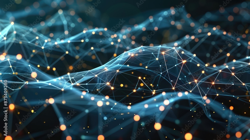 Poster a graphic backdrop of geometric waves made of glowing nodes and connections, depicting a neural netw