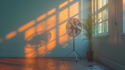 A fan standing in an empty room.