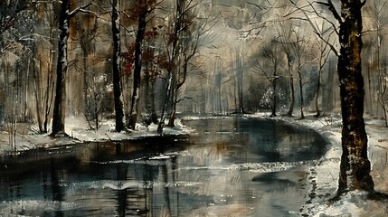   Winter landscape with creek in foreground, snow on ground, and trees in background