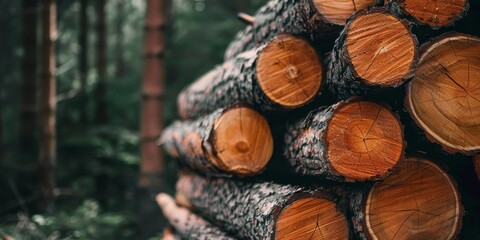 Close-up of a neat pile of logs lying in the forest