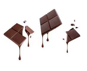Pieces of broken dark chocolate bar with dripping drops isolated on white background