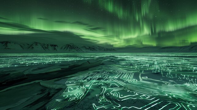 An arctic scene with auroras that illuminate the ice below, revealing patterns similar to circuit boards.