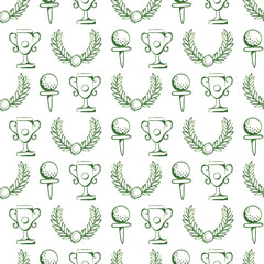 Golf equipment seamless pattern icons sports gear for game. Golfer hits ball on golf course. Golf player, bags, putter, golfer, ball, hole, course, gloves. Vector isolated on background