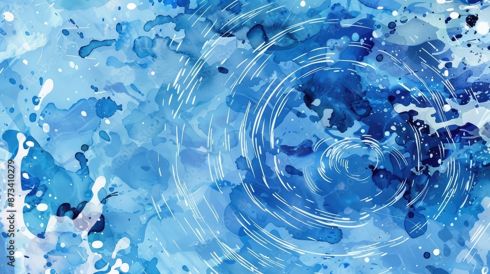 Poster a high-resolution watercolor background with dynamic splashes and circular ripples in classic blue t