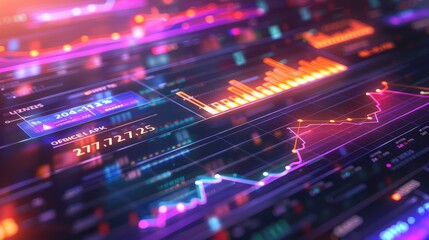 A high-resolution image of a digital financial report with live updating figures and trending lines in bright, eye-catching colors on a sleek interface.