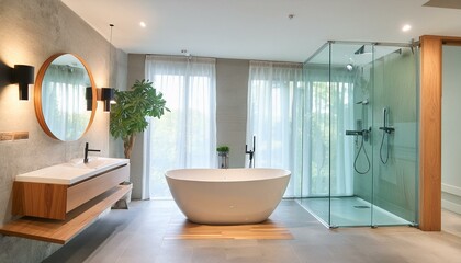 Fototapeta premium Modern bathroom with a freestanding bathtub, glass shower, and luxury fixtures