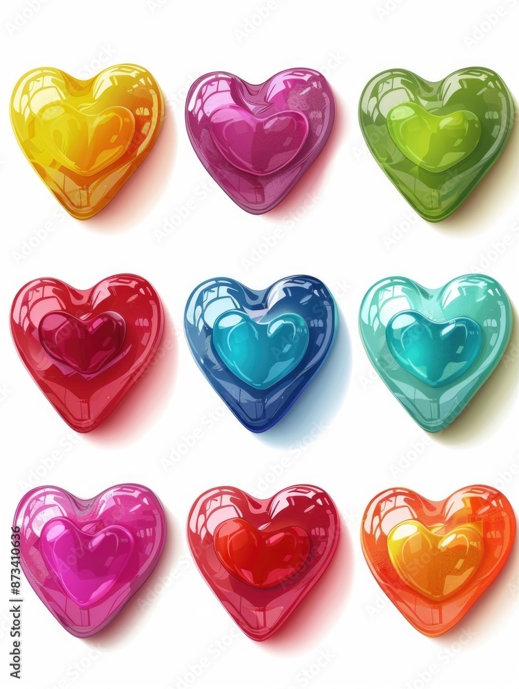Aufkleber a row of colorful hearts are displayed in a row. the hearts are of different colors and sizes, and t