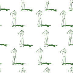 Golf equipment seamless pattern icons sports gear for game. Golfer hits ball on golf course. Golf player, bags, putter, golfer, ball, hole, course, gloves. Vector isolated on background