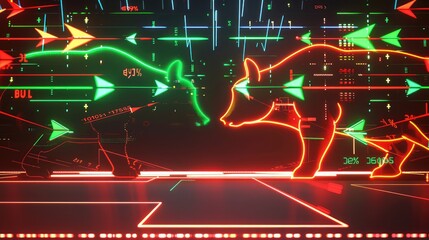 A high-tech stock market screen displaying green and red arrows representing bullish and bearish trends, with a neon-lit bull and bear silhouette in the foreground.