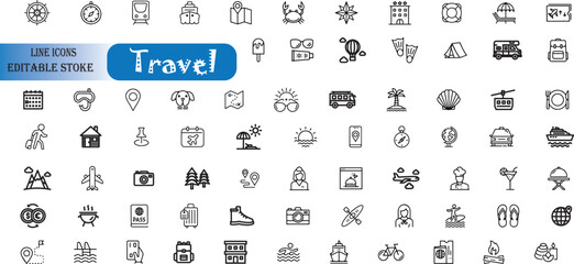 Travel icon set. Summer vacations and holiday symbol vector illustration. Сlipart with travelling elements, bags, transport, map, palm, seashells, bikini. 