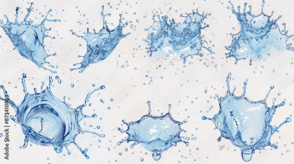 Poster a series of water droplets are shown in various sizes and positions. concept of movement and fluidit