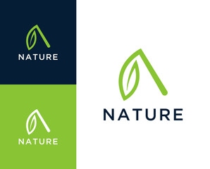 A nature logo. Letter A with leaf element logo design illustration.