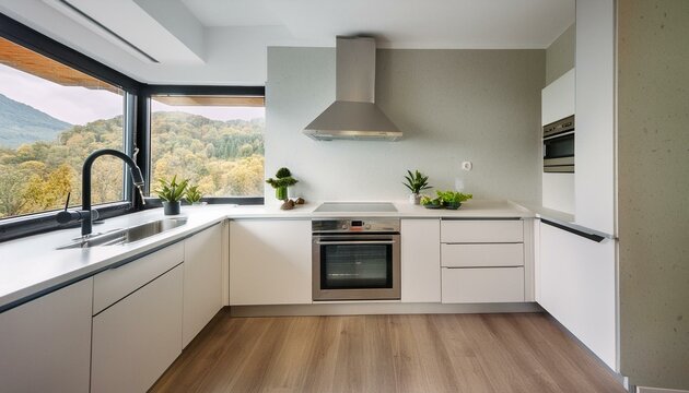 Modern minimalist style kitchen with a stove with a hood