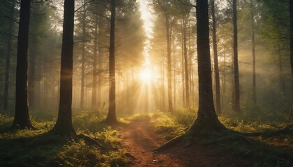 Obraz premium Golden sunlight illuminates a misty forest path