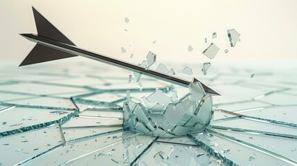 A 3D arrow breaking through glass, symbolizing breakthrough financial gains and success, with shards around the base on a white surface.