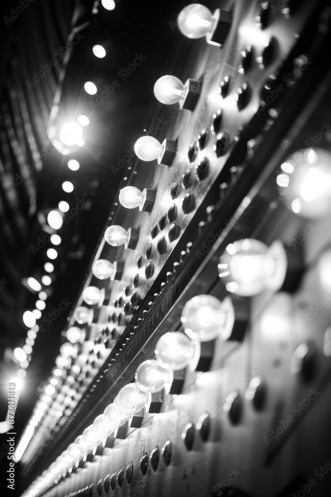Aufkleber a black and white photo of a row of lights with a moody, mysterious feel. the lights are lit up and 