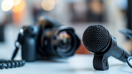 Microphone and camera standing on the table while preparing for an interview.