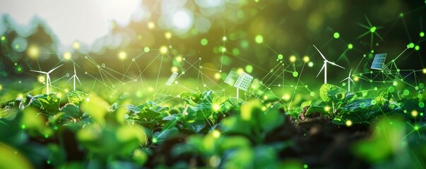 A conceptual image showcasing the integration of green energy solutions and sustainable power engineering, with symbols like wind turbines, solar panels, and eco-friendly, Generative AI