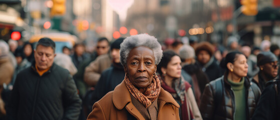 Obraz premium Portrait of an elderly African American woman on a big city street