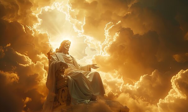 Jesus on a throne in heaven with bright light behind, Generative AI