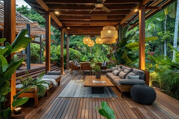 Fototapeta premium Modern terrace with wooden floor and furniture on amazing green jungle background