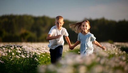 Fototapeta premium Playful children running through a field of flowers, sunny day, joyful expressions