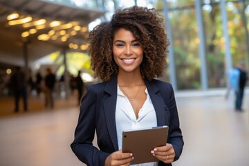 Happy professional using tablet near office building. Young African American business woman standing outside, holding digital device, looking at camera, smiling. Wi-Fi concept
